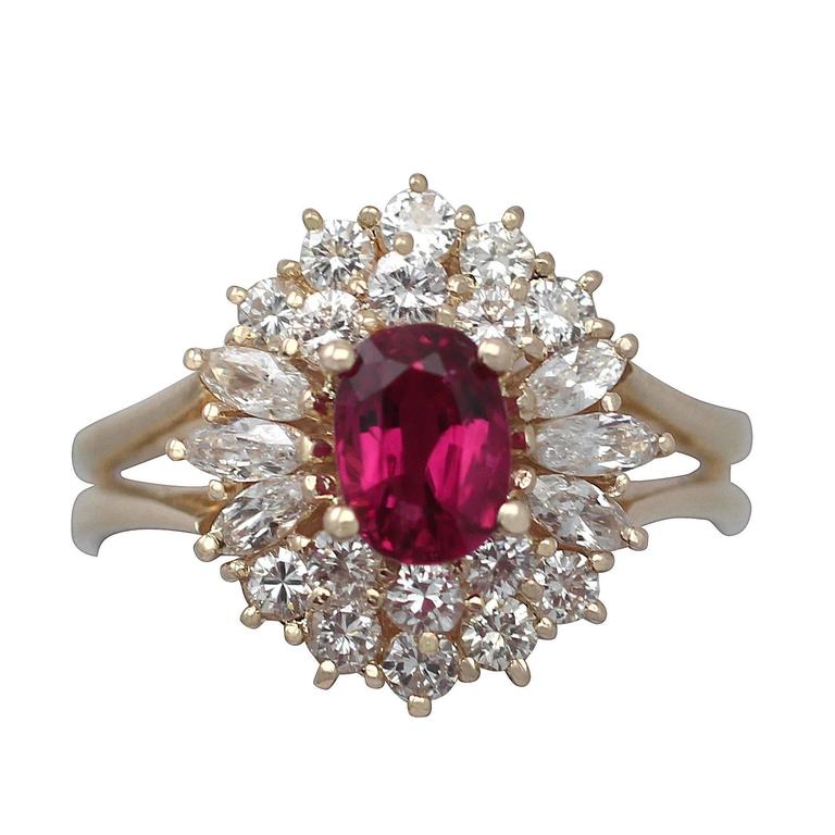 1990s Ruby and Diamond Yellow Gold Cluster Ring For Sale at 1stdibs