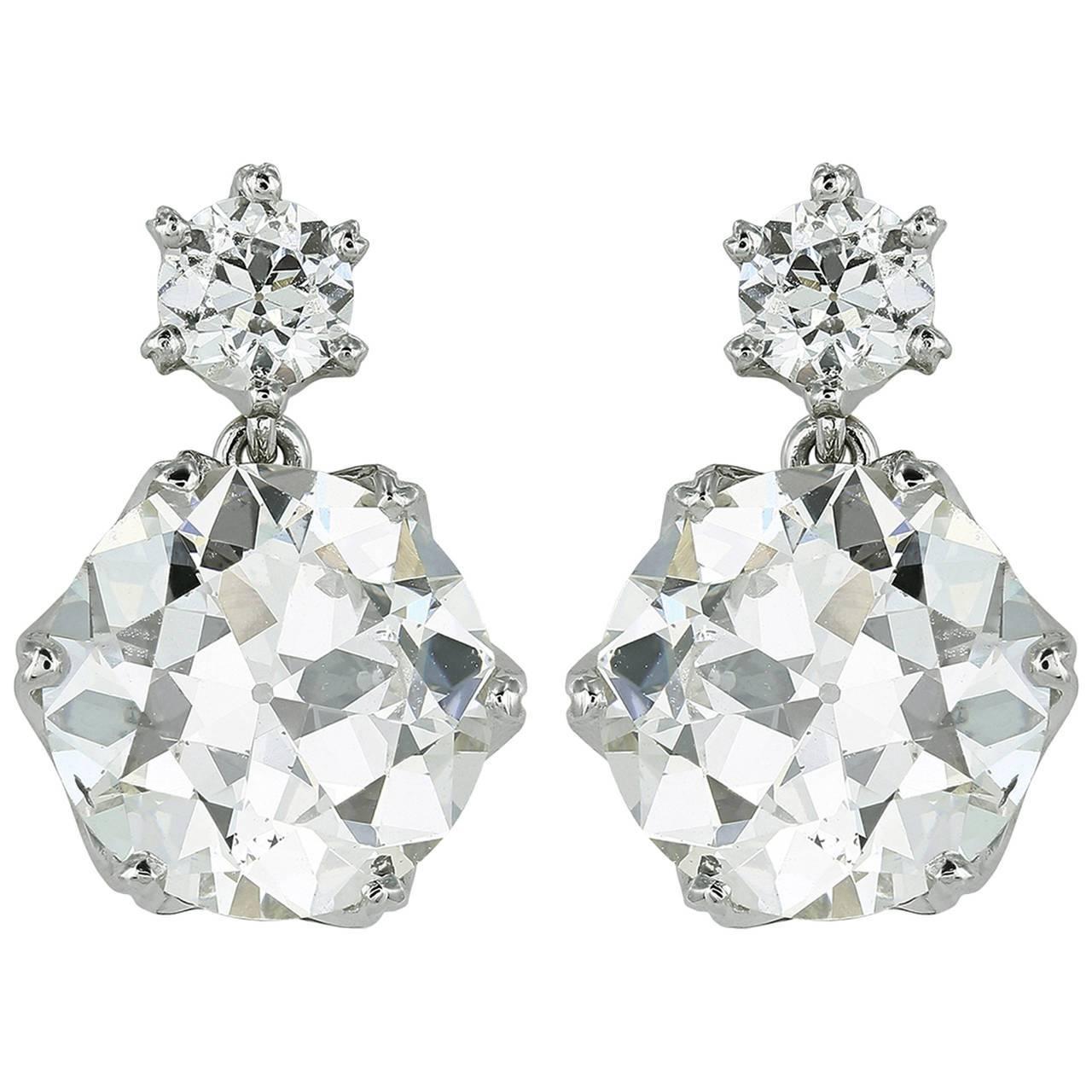 5.65 Carats Old European Cut Diamonds Gold Drop Earrings For Sale