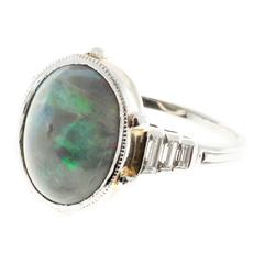 Natural Black Cabochon Opal Diamond Platinum Ring 1