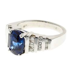 Blue Oval Sapphire Full Cut Diamond Platinum Three Row Ring 6