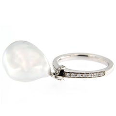 Alex Jona Baroque South Sea Pearl Charm White Diamond 18 Karat White Gold Ring