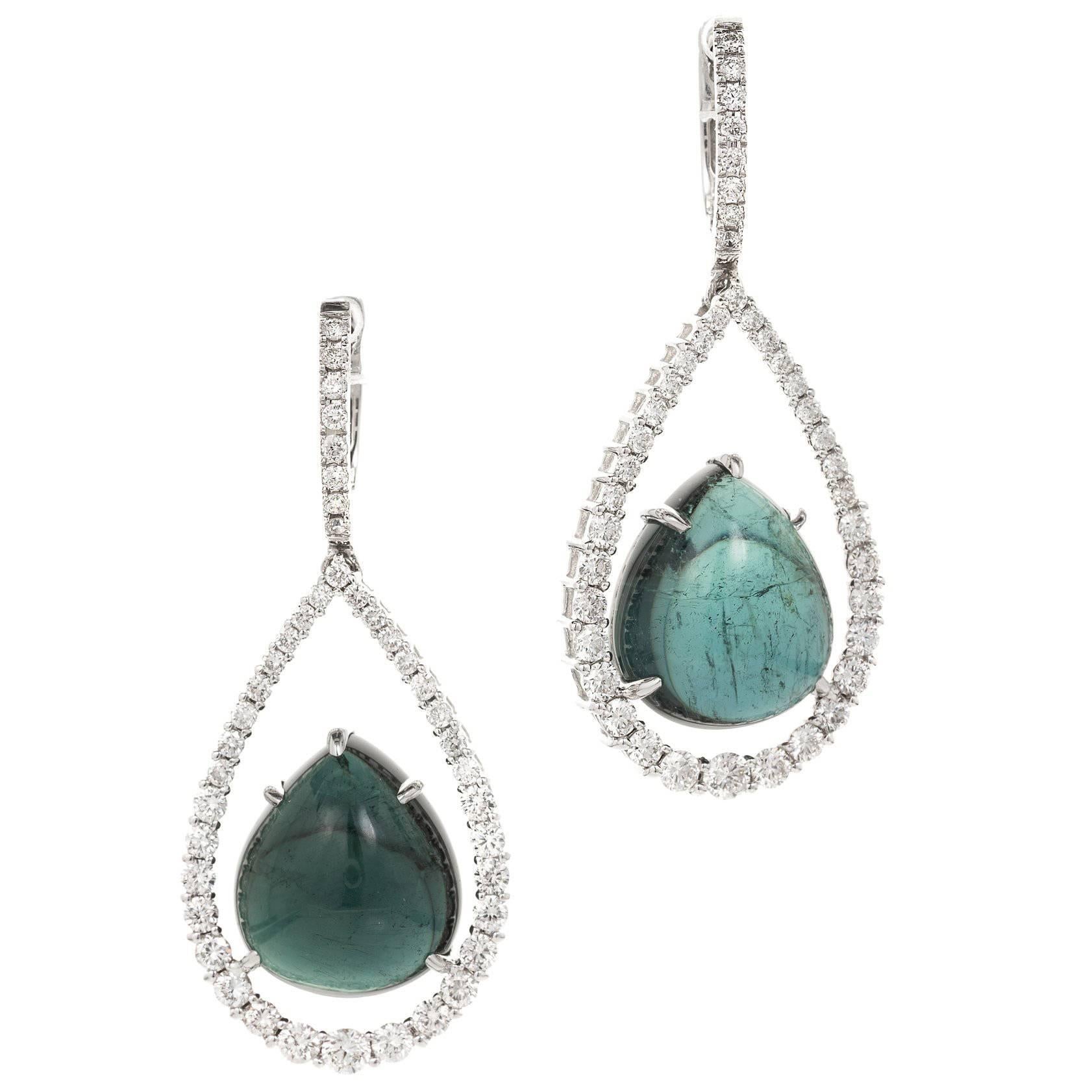 Peter Suchy 15.84 Carat Blue Cabochon Tourmaline Diamond Gold Dangle Earrings For Sale