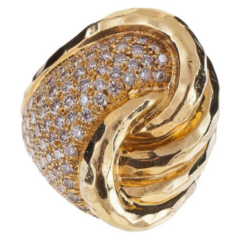 Henry Dunay 18K Hammered Gold and Pavé Diamond Ring For Sale