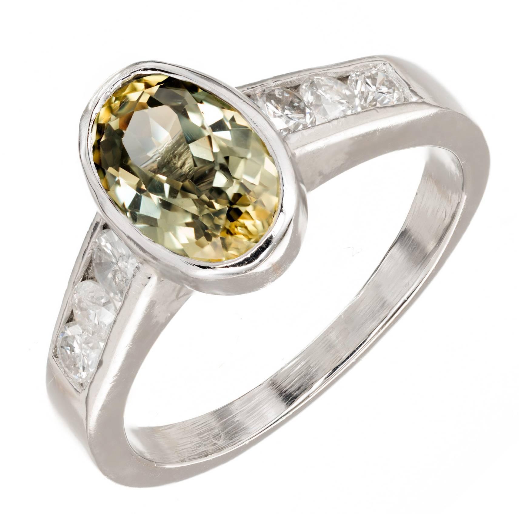 2.20 Carat Oval Green Yellow Natural Sapphire Diamond Platinum Engagement Ring For Sale