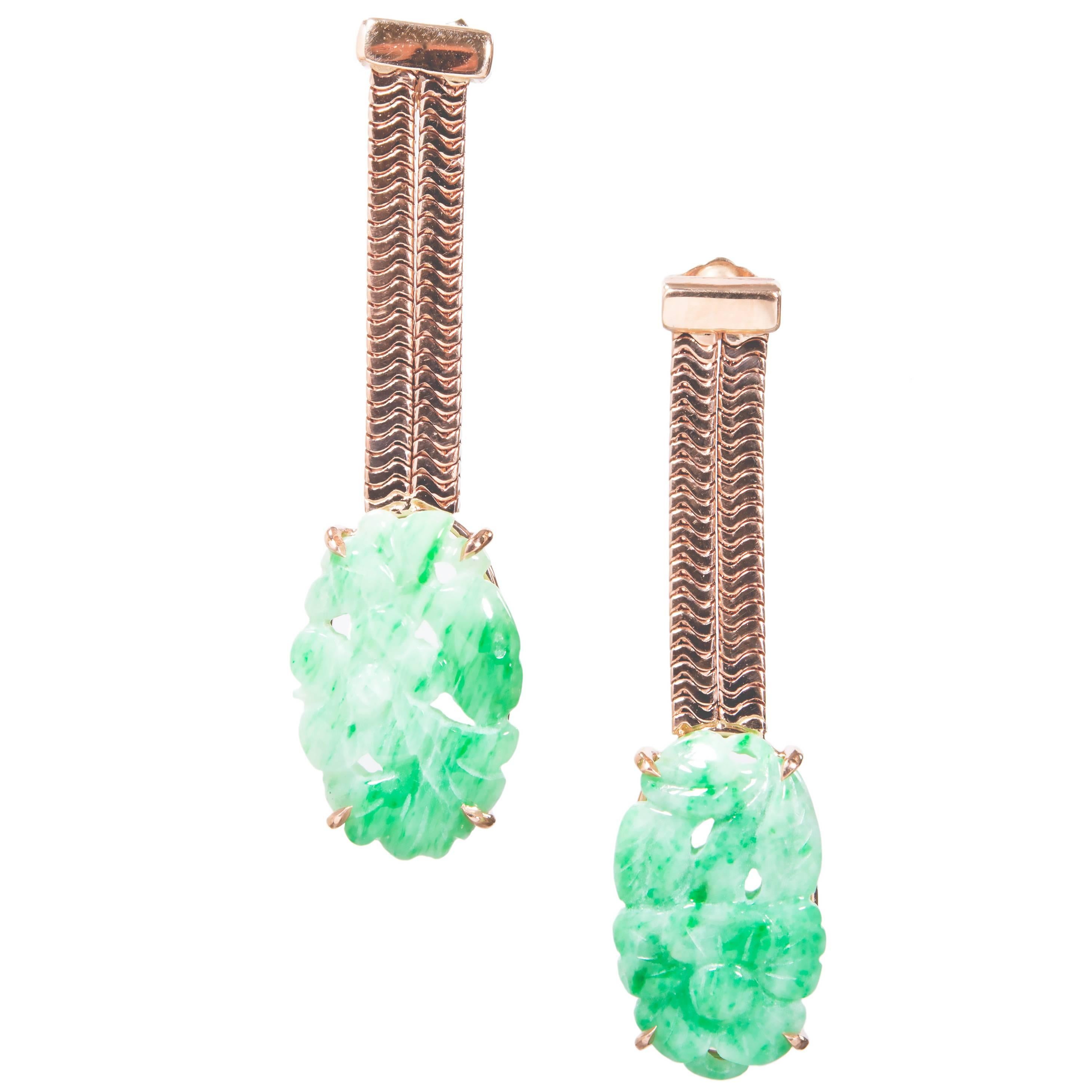 Peter Suchy GIA Certified Jadeite Jade Rose Gold Dangle Earrings For Sale