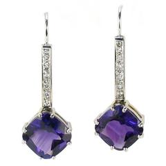 Cushion Cut Amethyst Diamond Gold Drop Earrings 4