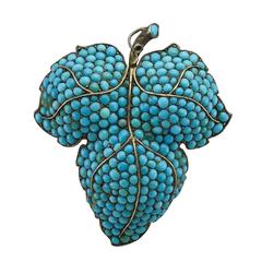 Victorian Turquoise Silver Gilt Vine Leaf Brooch