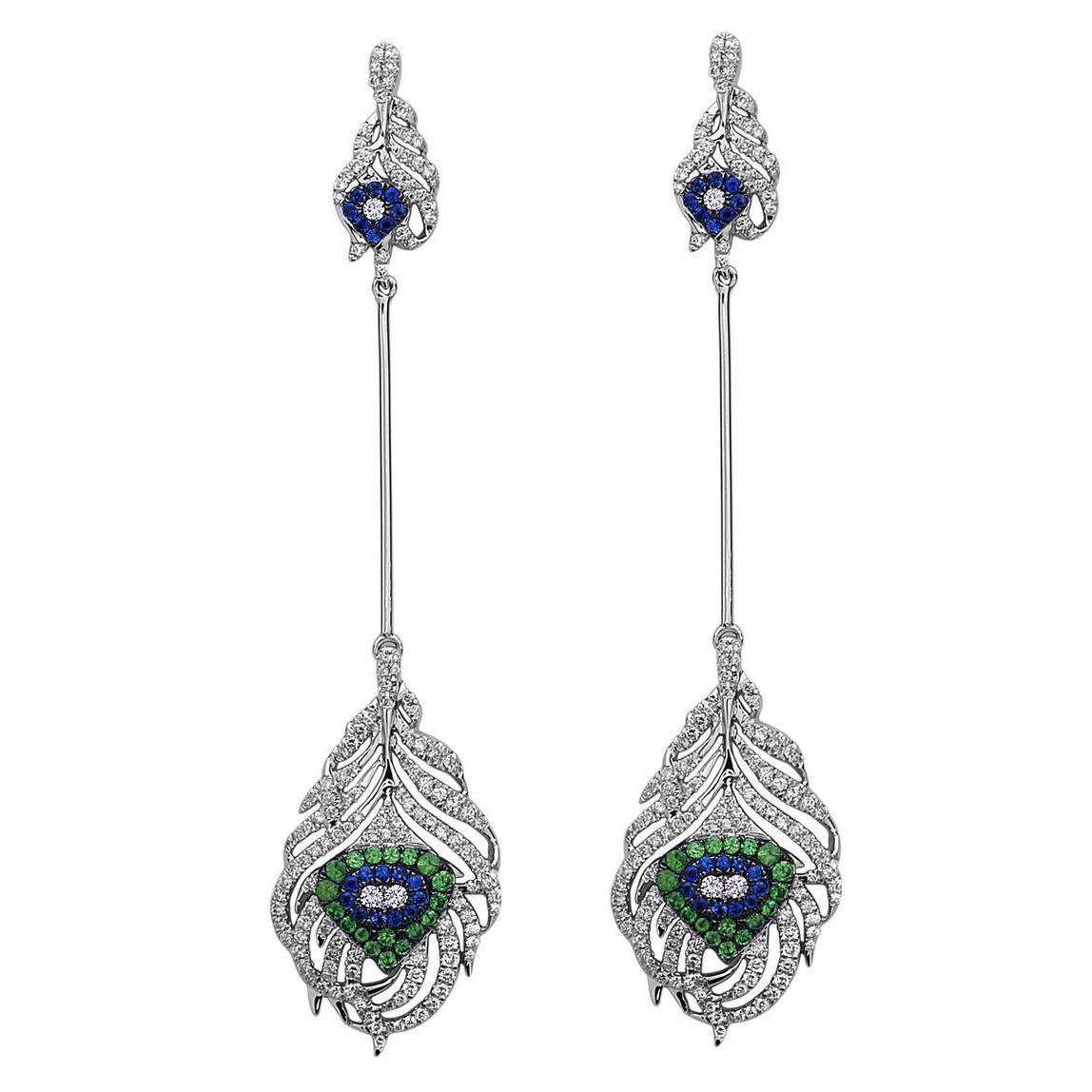 Peacock Feather Tsavorite Sapphire Gold Earrings at 1stdibs