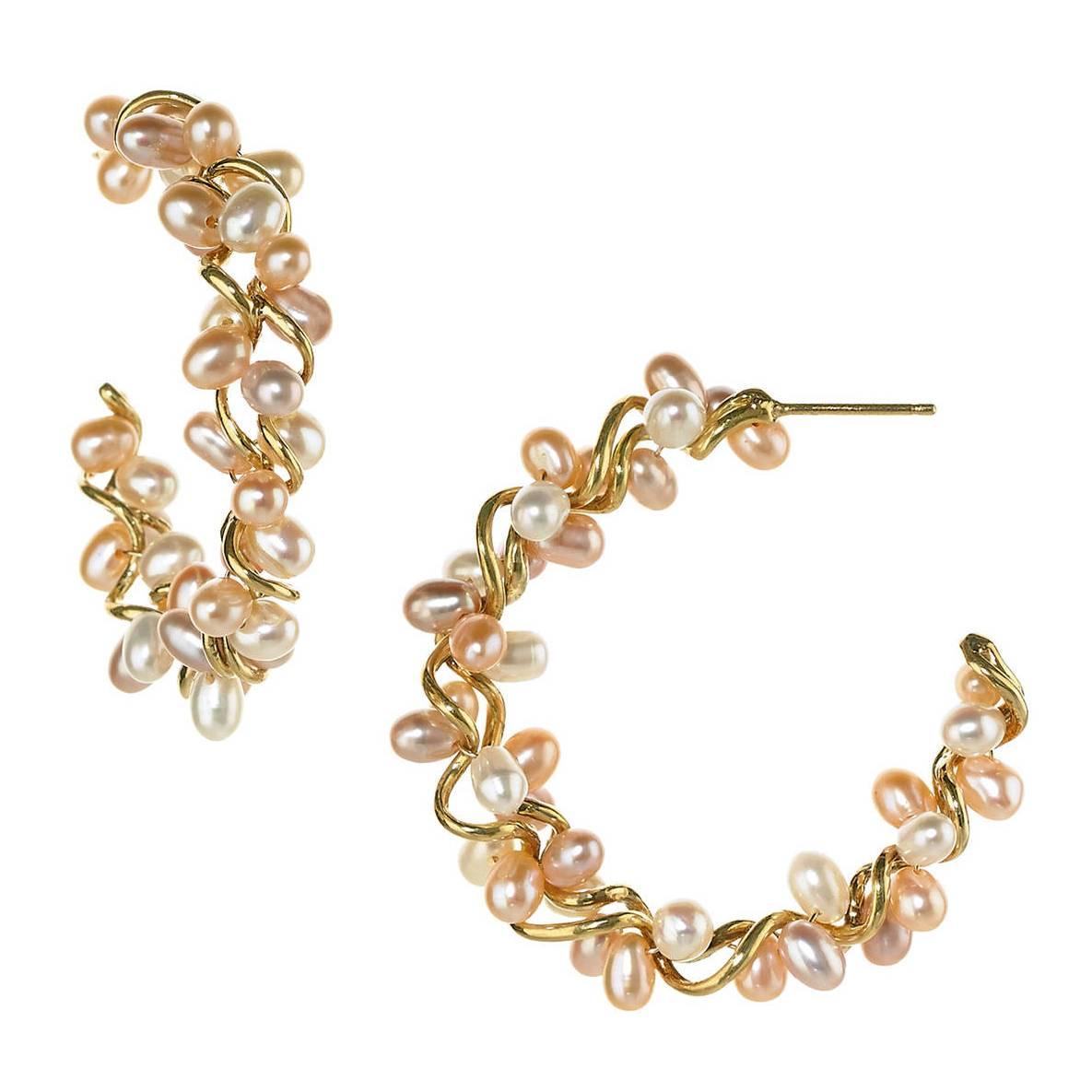 Joseph Murray Champagne Freshwater Pearl Gold Spiral Hoop Earrings