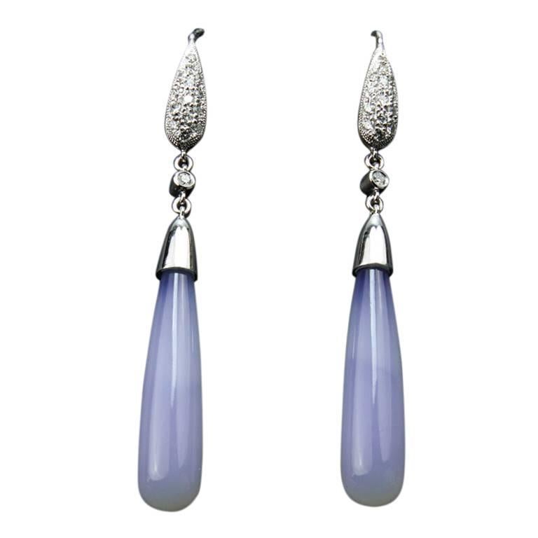 Lavender Chalcedony Diamond Gold Drop Statement Earrings Estate Fine Jewelry For Sale