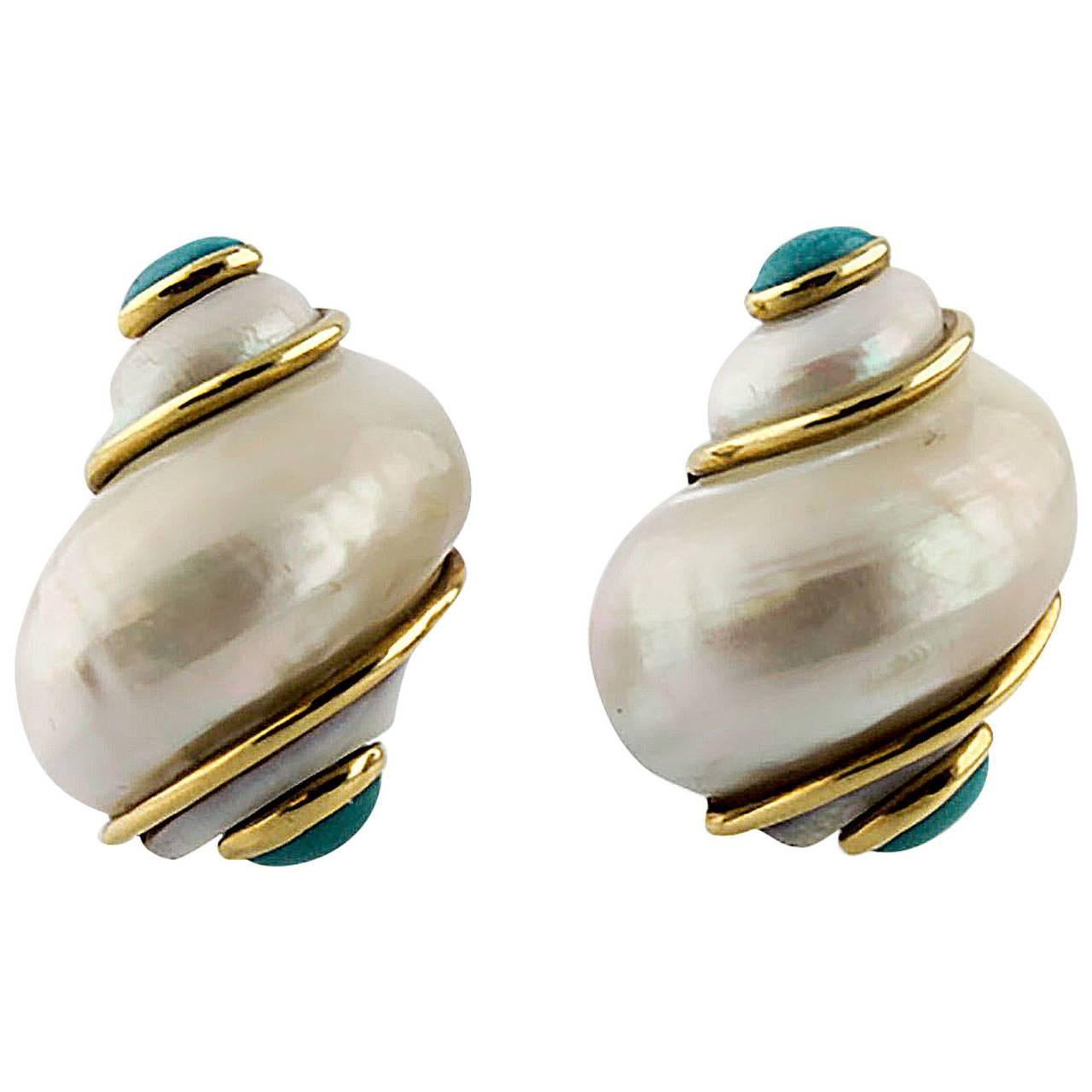 Seaman Schepps Turbo Collection Turquoise Gold Sea Shell Earrings