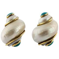 Seaman Schepps Turbo Collection Turquoise Gold Sea Shell Earrings