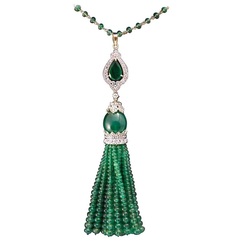 Magnificent Emerald Diamond Gold Tassel Necklace at 1stDibs