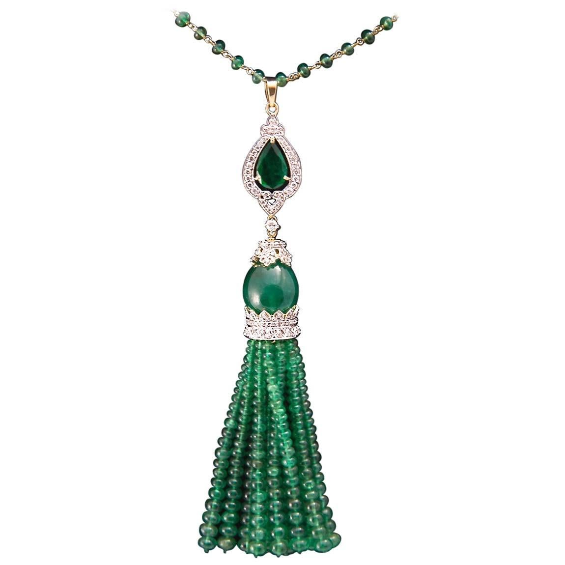 Magnificent Emerald Diamond Gold Tassel Necklace
