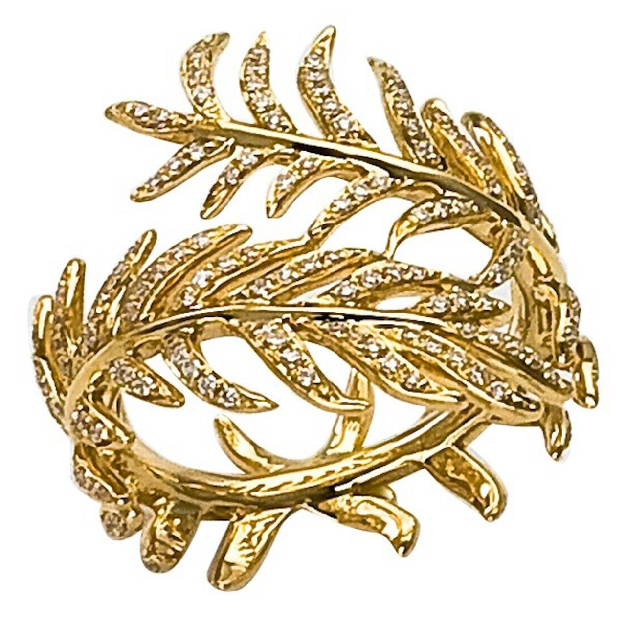 Diamond Pave Gold Fern Ring For Sale