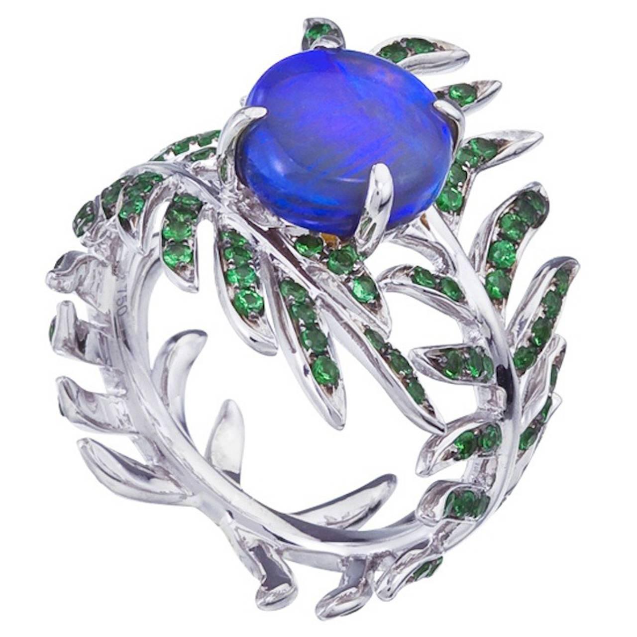Opal Tsavorite Garnet Gold Fern Ring For Sale