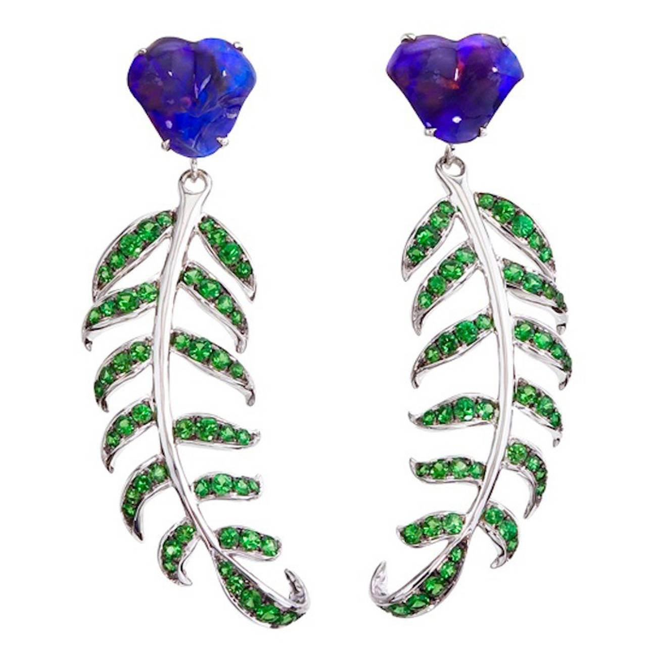 Opals and Tsavorite Fern Earrings For Sale