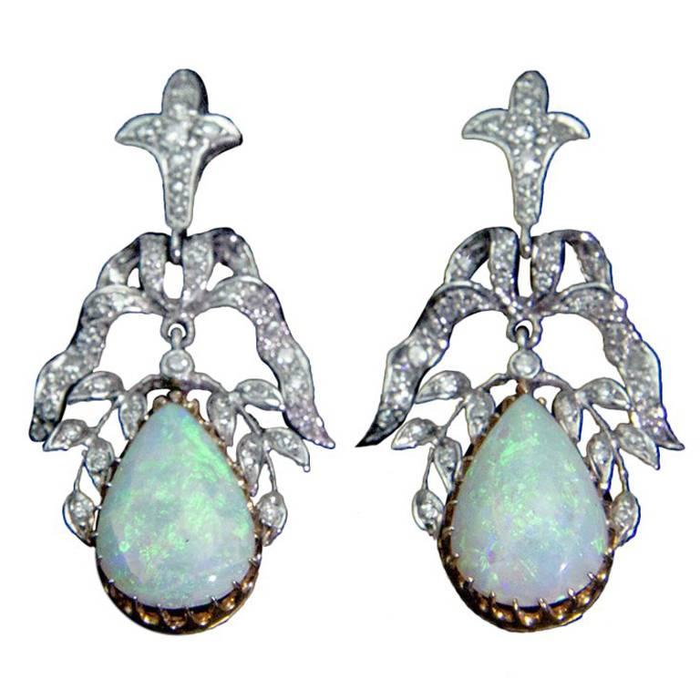 Opal Diamond Gold Statement Earrings Circa 1950s