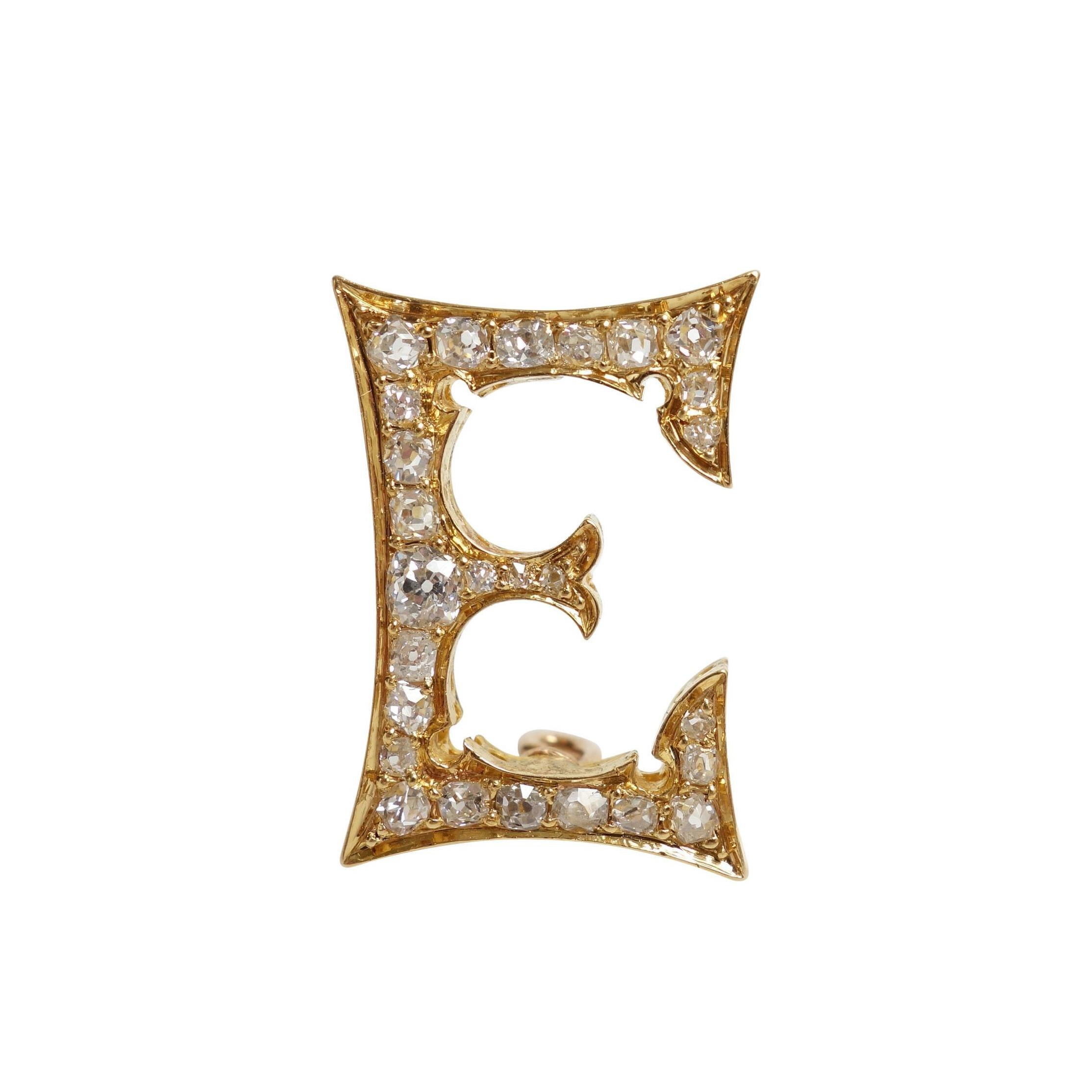 Gorgeous Victorian Diamond and Yellow Gold Initial E Pin