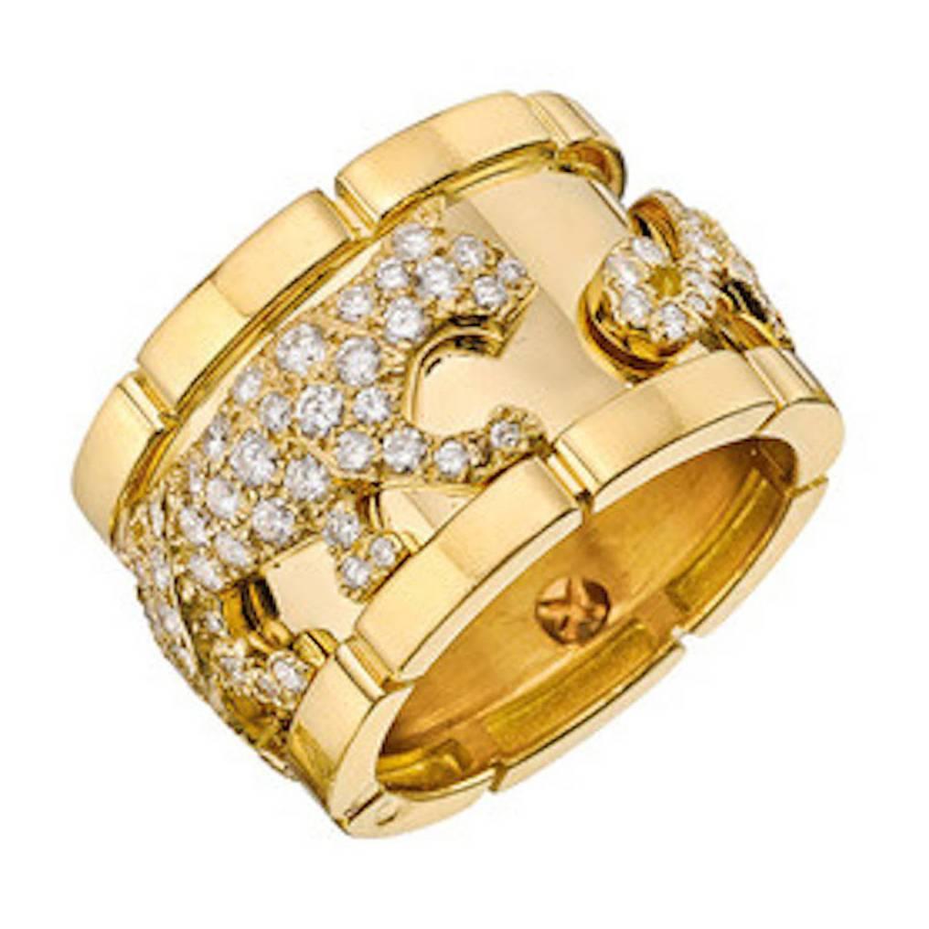 Gorgeous and iconic Cartier diamond panther ring. 
18k yellow gold with superb quality diamonds.
Signed Cartier 750, numbered and French marks. 
Size: 5 1/2 (Us).
Gross weight: 13.01 grams. 
Cartier box included.