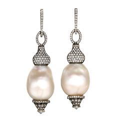 One of a Kind White Baroque Pearl Diamond Rhodium Silver Gold Drop Earrings 3