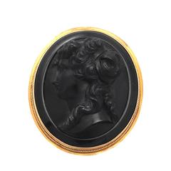 Jet and 9k Yellow Gold Cameo Brooch - Antique Victorian
