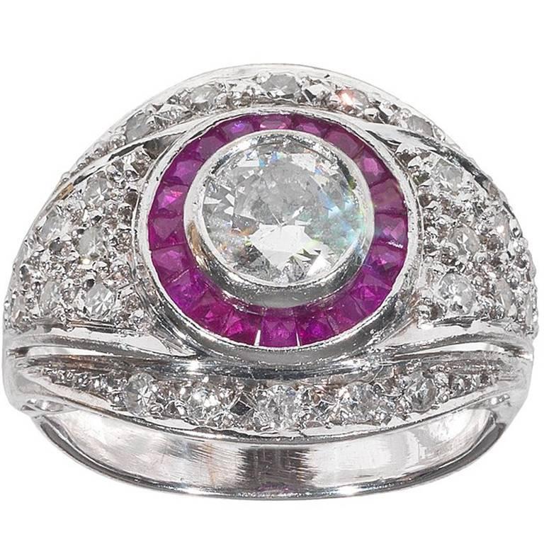 Art Deco Ruby Diamond Platinum Engagement Ring For Sale at 1stdibs