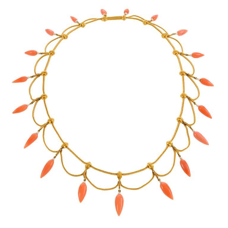 Etruscan Revival French Antique Coral Seed Pearl Gold Necklace