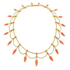 Etruscan Revival French Antique Coral Seed Pearl Gold Necklace