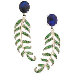 Opal Tsavorite Garnet Gold Fern Earrings