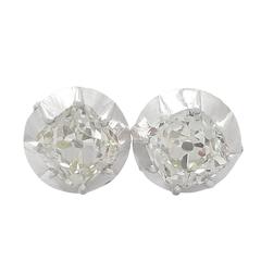 2.10Ct Diamond & 18k White Gold, Silver Set Stud Earrings, Antique & Contempory