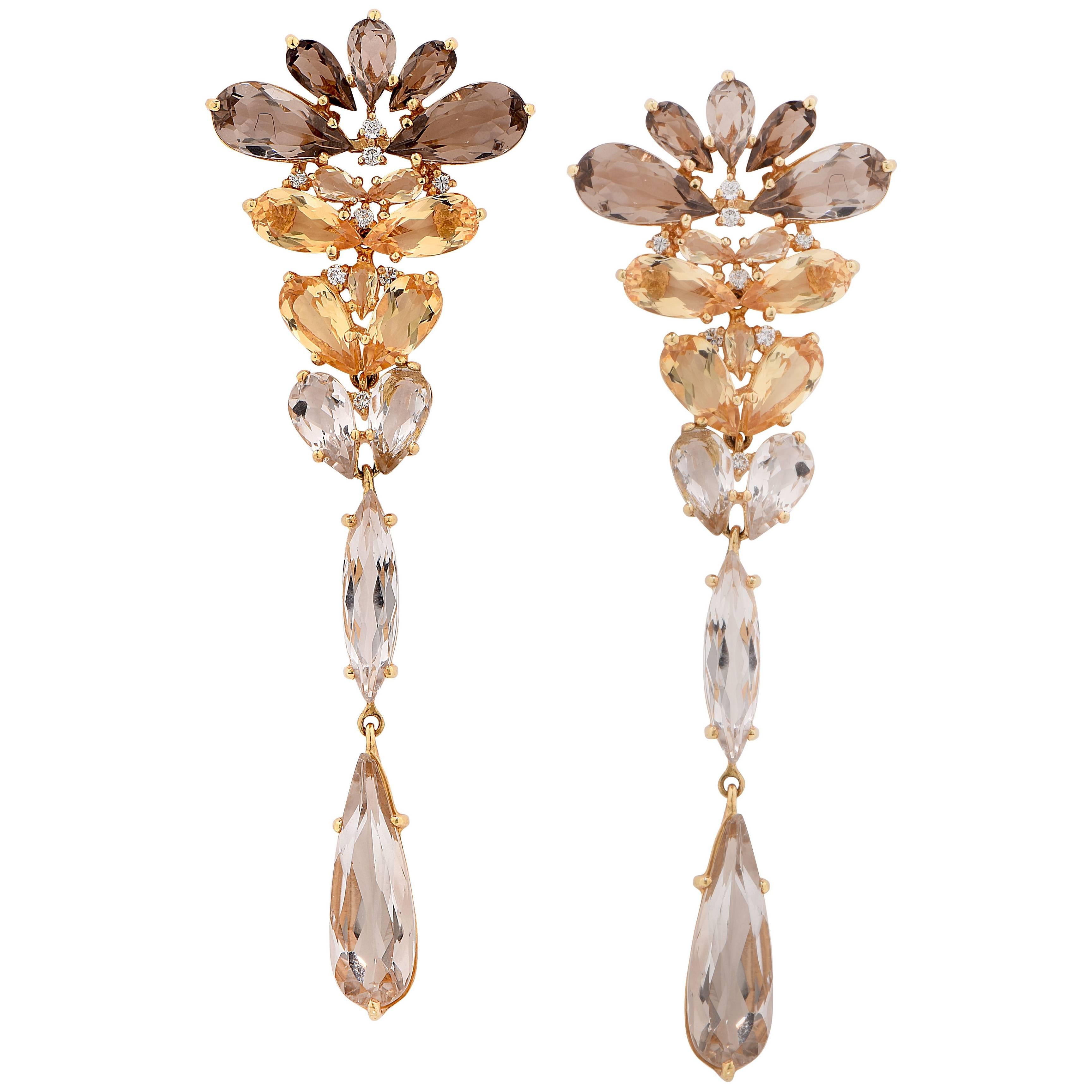 Smokey Quartz Citrine Diamond Yellow Gold Drop Earrings For Sale