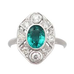 0.96Ct Emerald 
0.63Ct Diamond, 18k White Gold Dress Ring - Antique Circa 1920