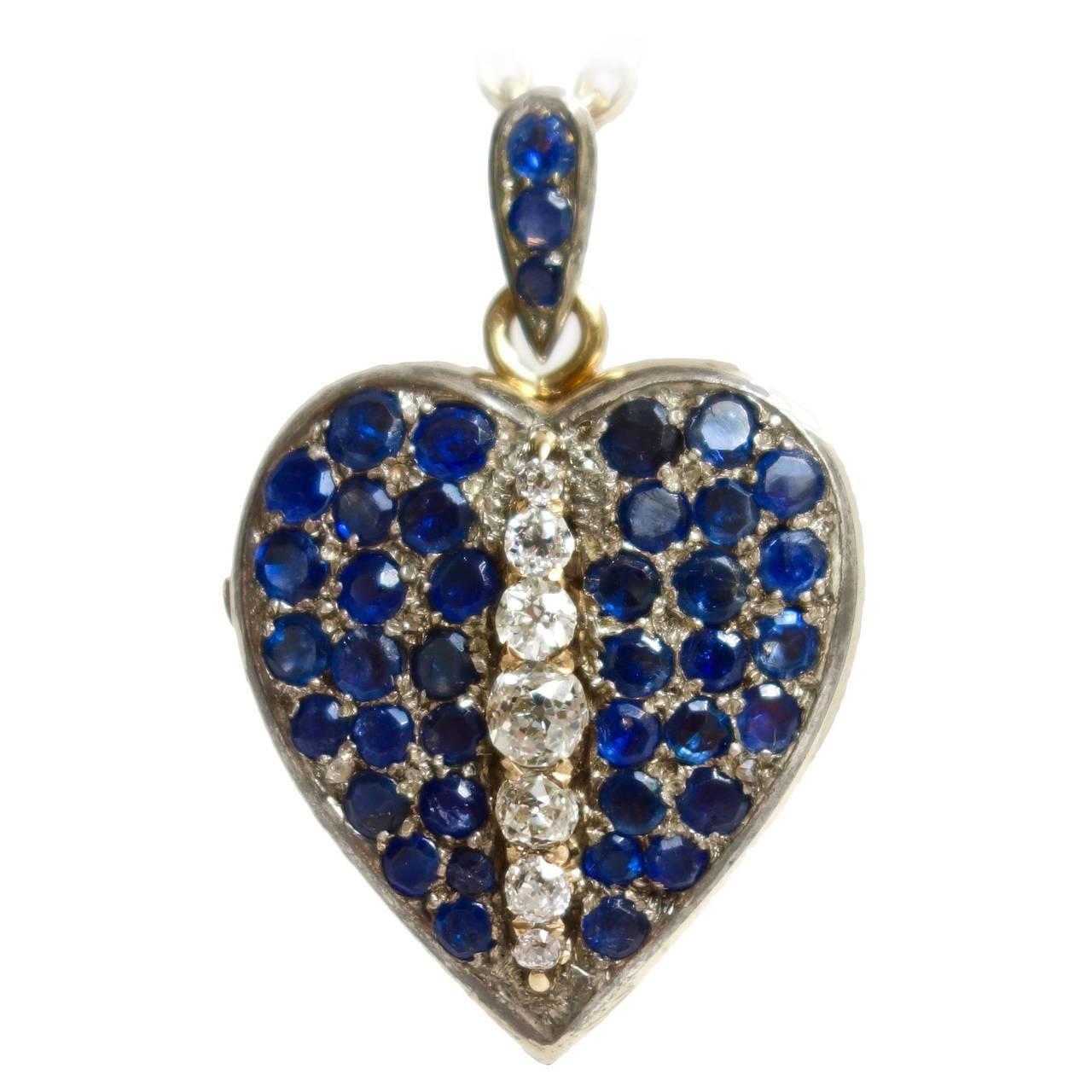 Amazing Late 1890s French Sapphire Diamond Silver Gold Heart Locket Pendant For Sale