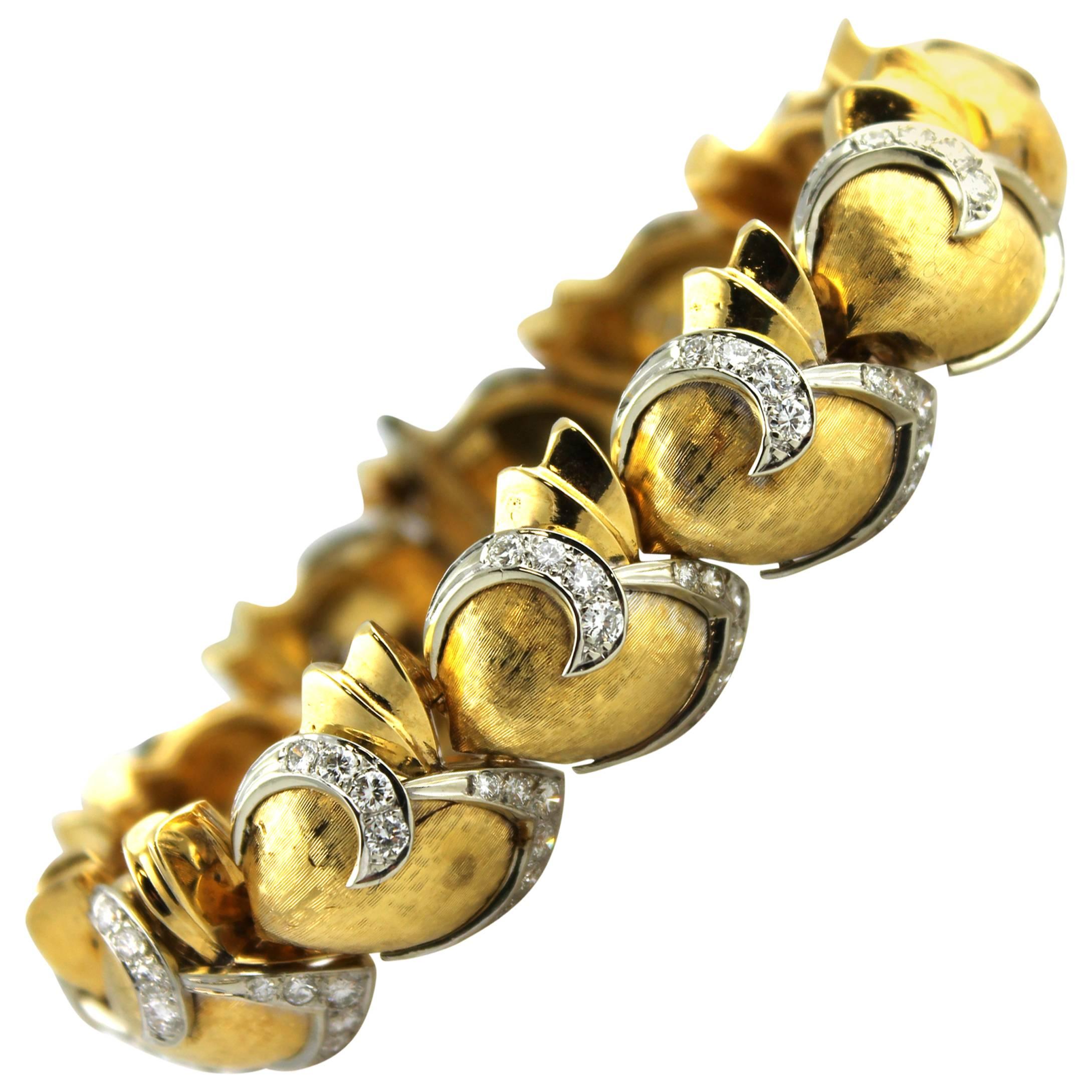  Diamond Satin Finished 18 Karat Yellow Gold Platinum Link Bracelet
