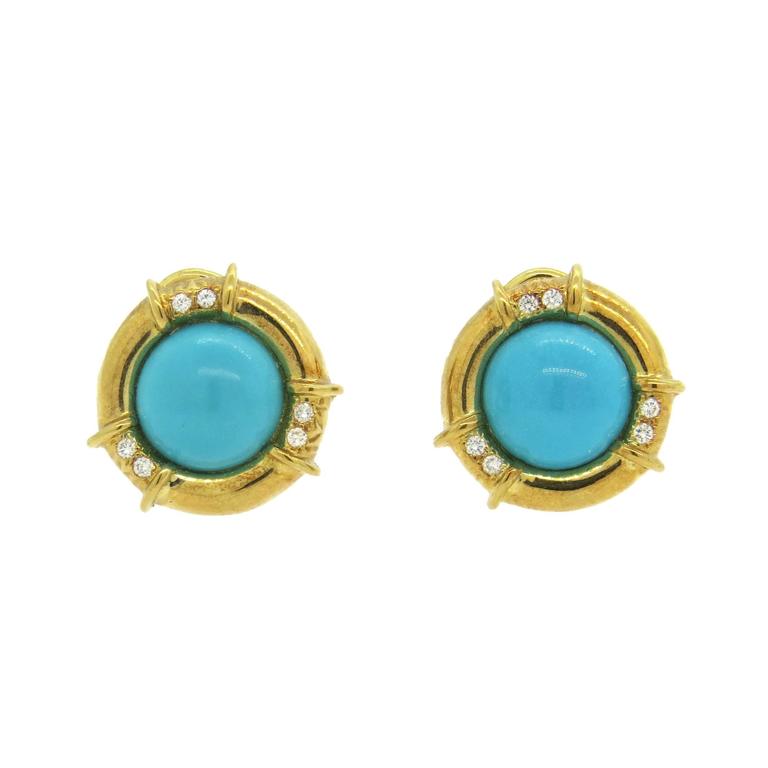 Tiffany and Co. Turquoise Diamond Gold Earrings at 1stDibs