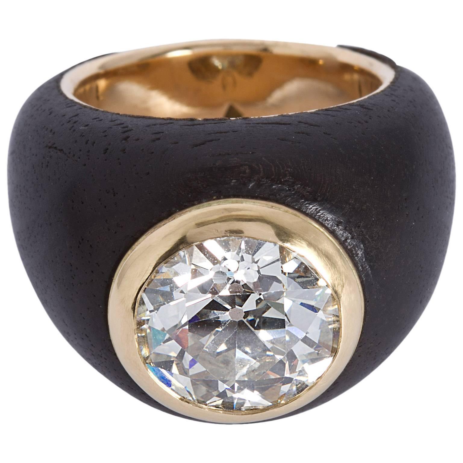 1970s Rene Boivin 6 Carat Diamond Ebony Gold Ring