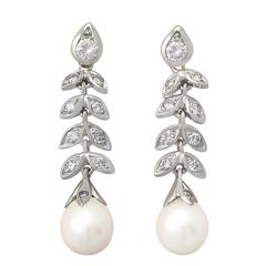 0.86Ct Diamond & Pearl, 18k White Gold Drop Earrings - René Kern Paris, Vintage