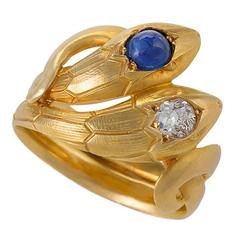 Antique French Art Nouveau Diamond, Sapphire and Gold Serpent Ring