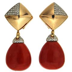 Pave Coral Diamond Gold Pyramid Removable Clip Earrings 8