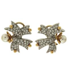 Valentin Magro Twisted Ribbon Pearl Diamond Gold Platinum Earrings 11