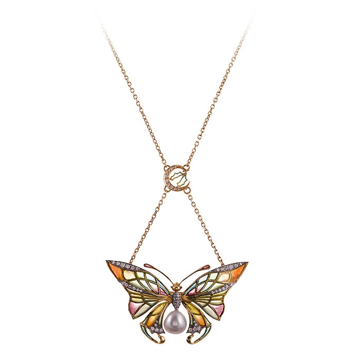 Masriera Plique-a-Jour Enamel Pearl Diamond Butterfly Pendant at 1stDibs
