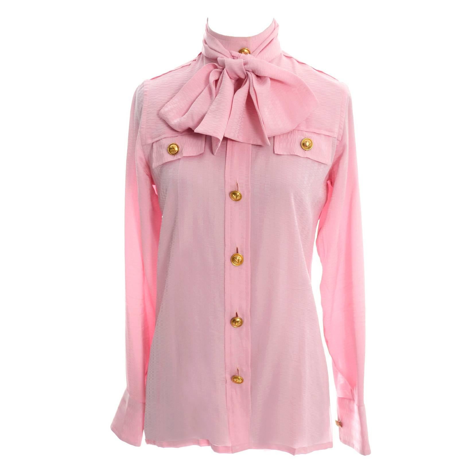 Rare 70s Valentino Pink Silk Bow Blouse V Logo Buttons Older Label Early 1970s