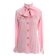 Rare 70s Valentino Pink Silk Bow Blouse V Logo Buttons Older Label Early 1970s 11