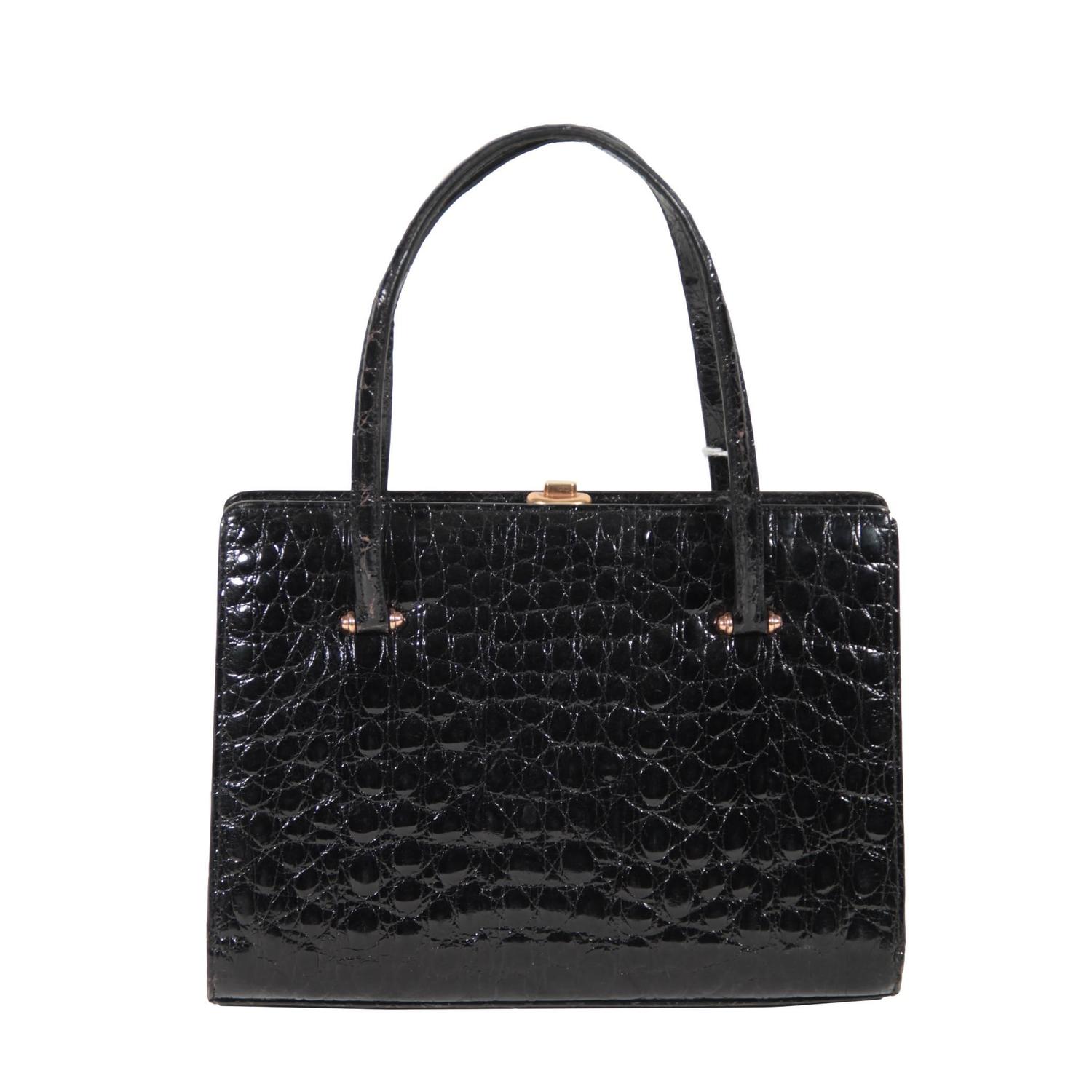 VINTAGE Italian Black CROCODILE SKIN 1960s HANDBAG Frame Purse SATCHEL For Sale at 1stdibs