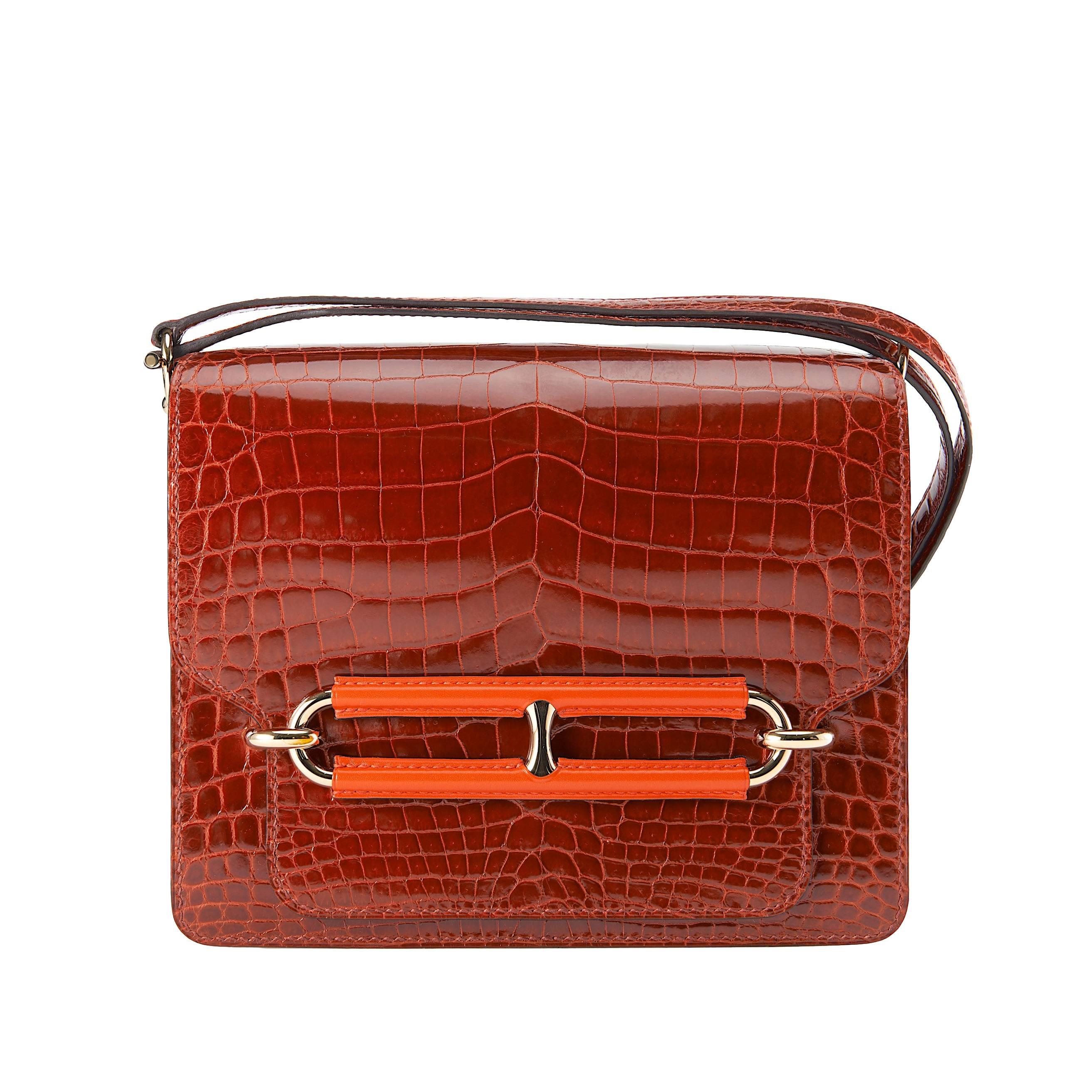 HERMES ROULIS BAG SHINY ROUGE H NILO CROCODILE W PERMABRASS HARDWARE JaneFinds