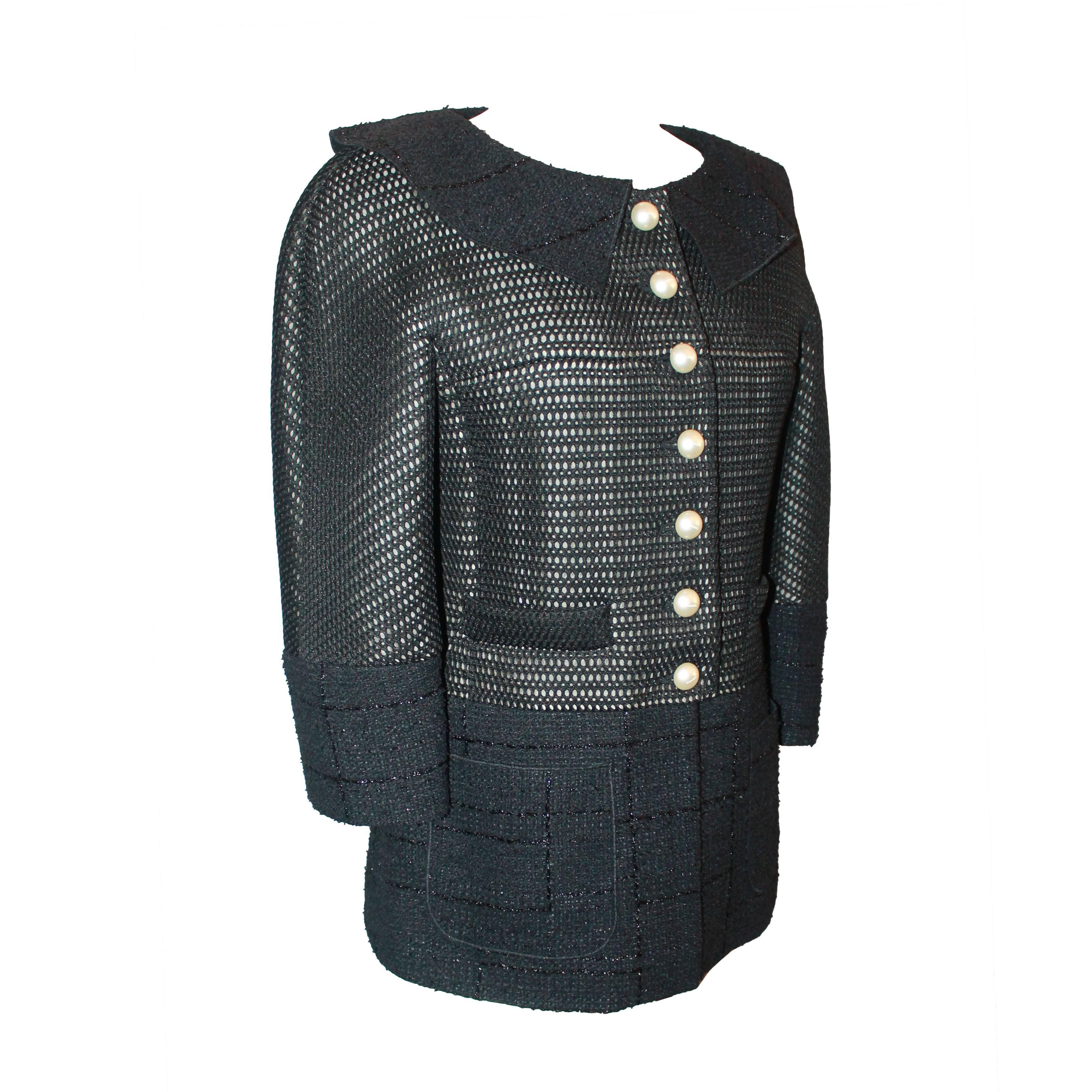 Chanel Black Eyelet and Tweed Jacket with Pearl Buttons - 42