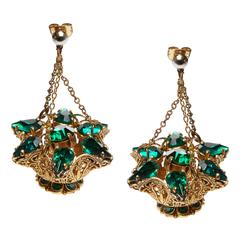 1940s Green Czech Glass Chandelier Earrings  
