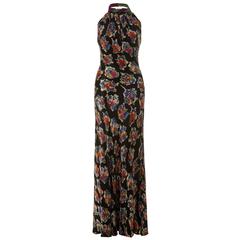 1930s Black Printed Liquid Satin Musical Print Halterneck Dress 3