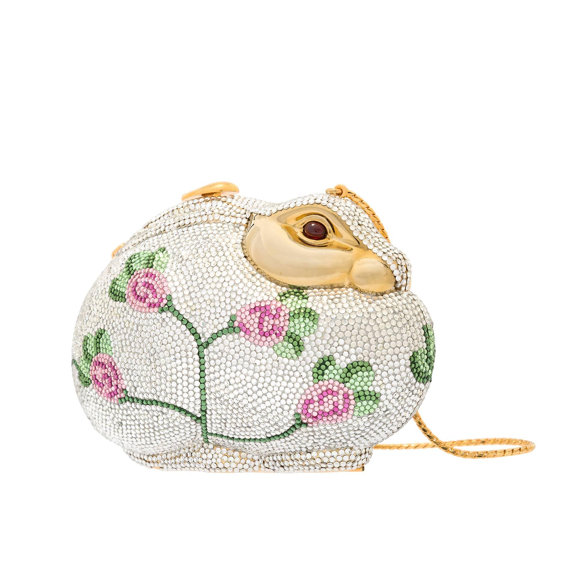 Judith Leiber Full Bead Pink & Green Crystal Floral Rabbit Minaudiere Bag For Sale